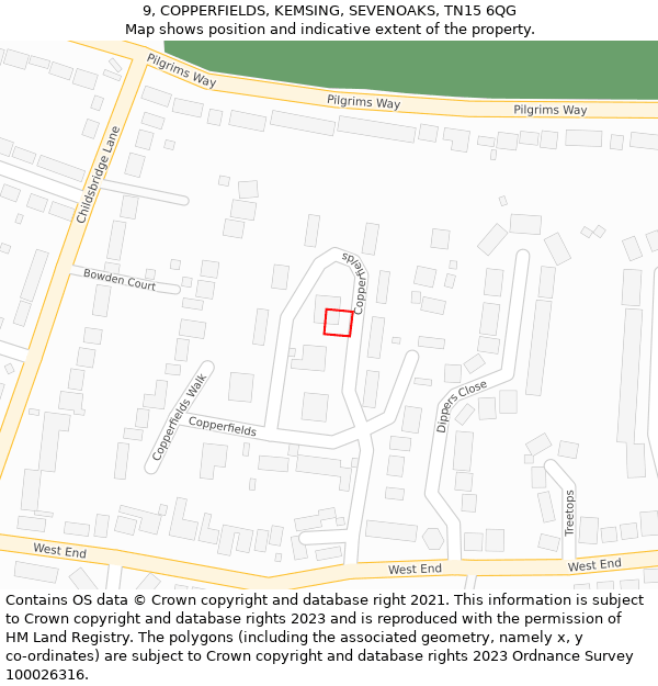 9, COPPERFIELDS, KEMSING, SEVENOAKS, TN15 6QG: Location map and indicative extent of plot