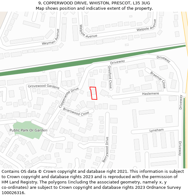 9, COPPERWOOD DRIVE, WHISTON, PRESCOT, L35 3UG: Location map and indicative extent of plot