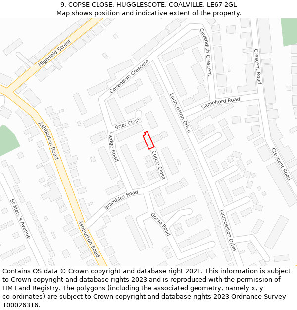 9, COPSE CLOSE, HUGGLESCOTE, COALVILLE, LE67 2GL: Location map and indicative extent of plot