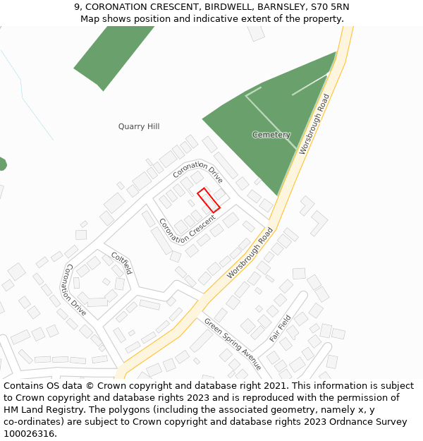 9, CORONATION CRESCENT, BIRDWELL, BARNSLEY, S70 5RN: Location map and indicative extent of plot