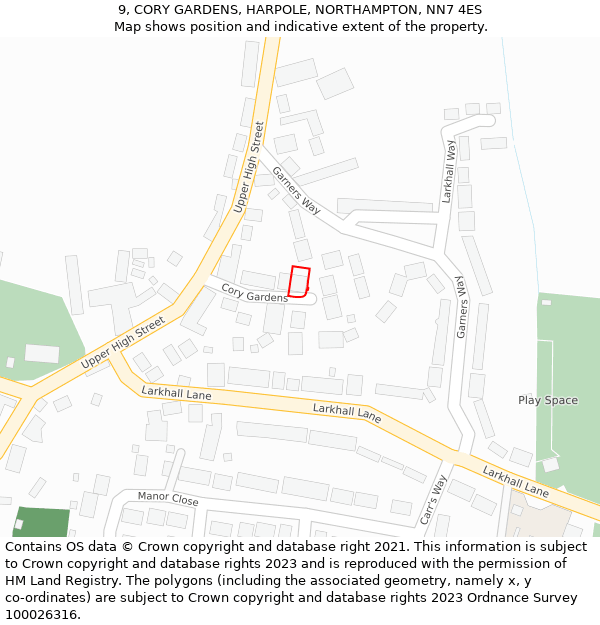 9, CORY GARDENS, HARPOLE, NORTHAMPTON, NN7 4ES: Location map and indicative extent of plot