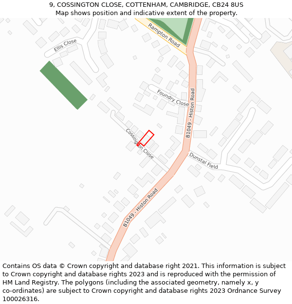 9, COSSINGTON CLOSE, COTTENHAM, CAMBRIDGE, CB24 8US: Location map and indicative extent of plot