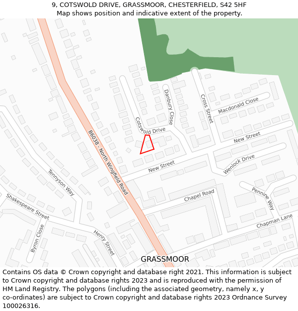 9, COTSWOLD DRIVE, GRASSMOOR, CHESTERFIELD, S42 5HF: Location map and indicative extent of plot