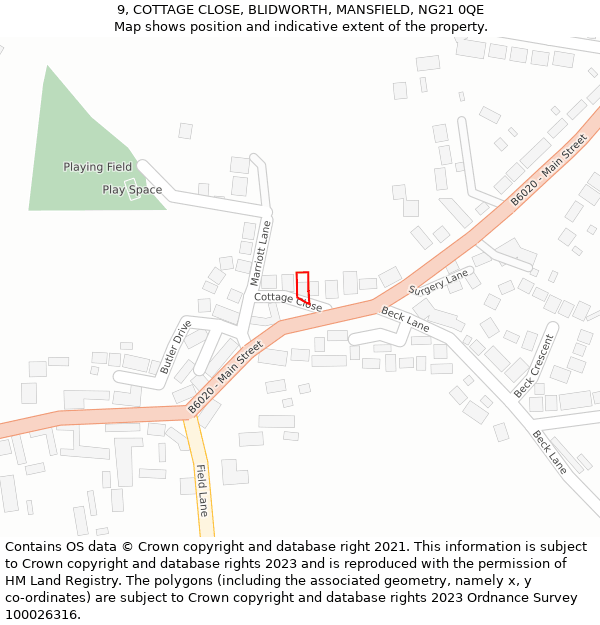 9, COTTAGE CLOSE, BLIDWORTH, MANSFIELD, NG21 0QE: Location map and indicative extent of plot