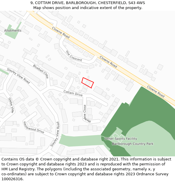 9, COTTAM DRIVE, BARLBOROUGH, CHESTERFIELD, S43 4WS: Location map and indicative extent of plot