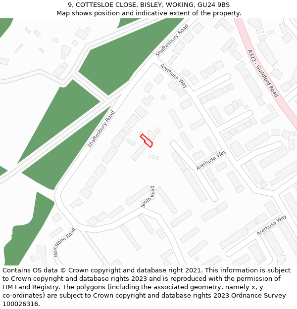 9, COTTESLOE CLOSE, BISLEY, WOKING, GU24 9BS: Location map and indicative extent of plot