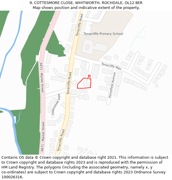 9, COTTESMORE CLOSE, WHITWORTH, ROCHDALE, OL12 8ER: Location map and indicative extent of plot
