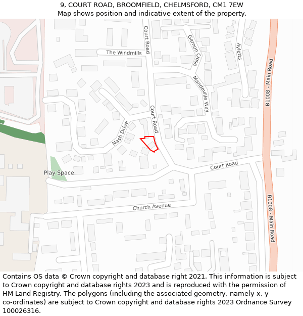 9, COURT ROAD, BROOMFIELD, CHELMSFORD, CM1 7EW: Location map and indicative extent of plot