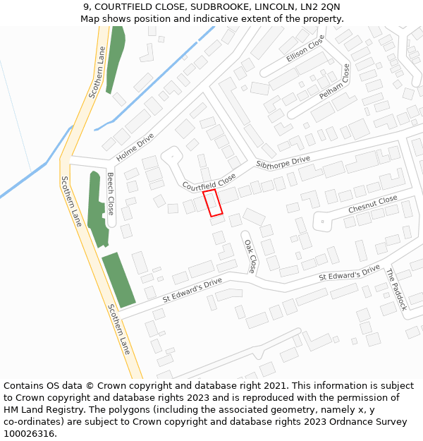 9, COURTFIELD CLOSE, SUDBROOKE, LINCOLN, LN2 2QN: Location map and indicative extent of plot