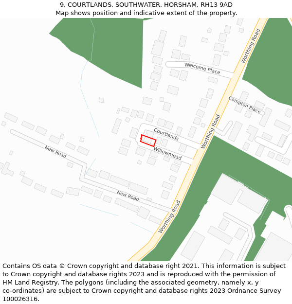 9, COURTLANDS, SOUTHWATER, HORSHAM, RH13 9AD: Location map and indicative extent of plot