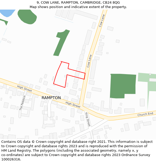 9, COW LANE, RAMPTON, CAMBRIDGE, CB24 8QG: Location map and indicative extent of plot
