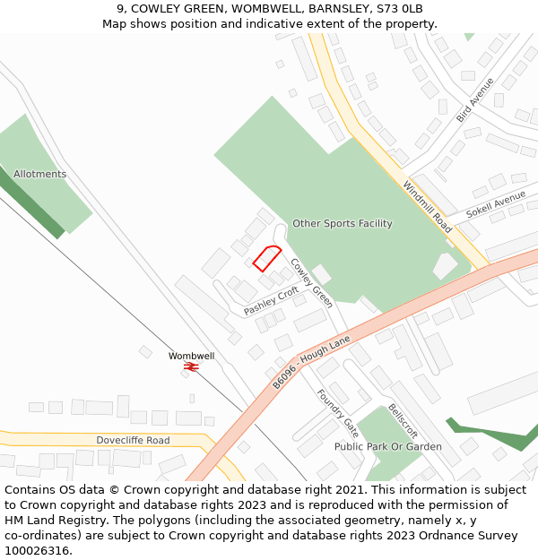 9, COWLEY GREEN, WOMBWELL, BARNSLEY, S73 0LB: Location map and indicative extent of plot