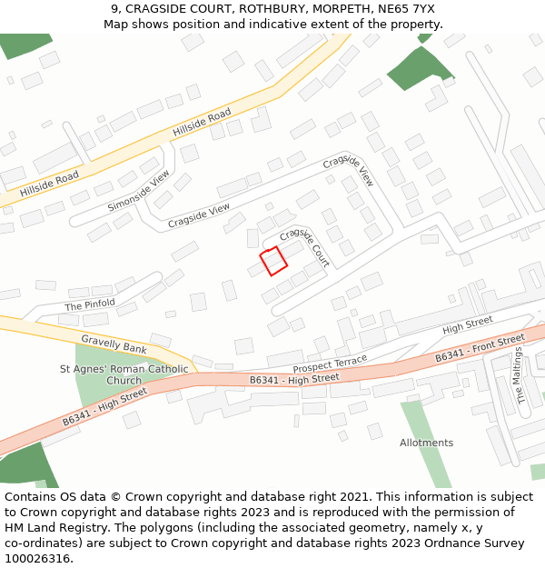 9, CRAGSIDE COURT, ROTHBURY, MORPETH, NE65 7YX: Location map and indicative extent of plot