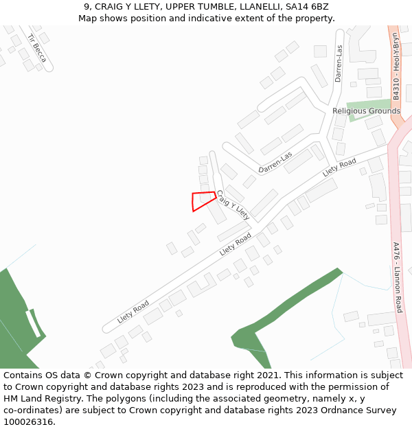 9, CRAIG Y LLETY, UPPER TUMBLE, LLANELLI, SA14 6BZ: Location map and indicative extent of plot