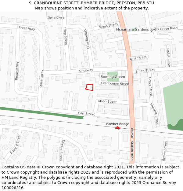 9, CRANBOURNE STREET, BAMBER BRIDGE, PRESTON, PR5 6TU: Location map and indicative extent of plot