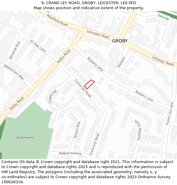 9, CRANE LEY ROAD, GROBY, LEICESTER, LE6 0FD: Location map and indicative extent of plot