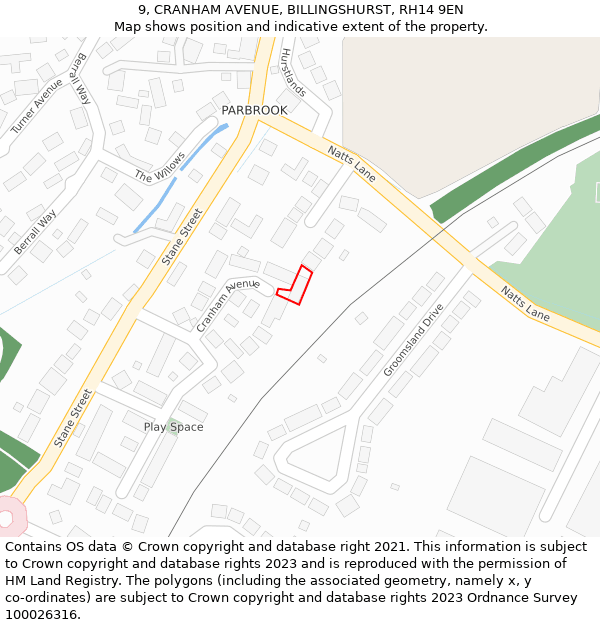 9, CRANHAM AVENUE, BILLINGSHURST, RH14 9EN: Location map and indicative extent of plot