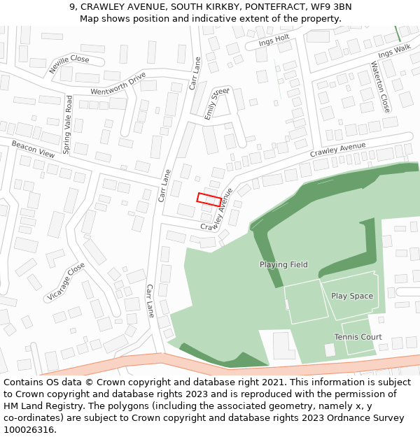 9, CRAWLEY AVENUE, SOUTH KIRKBY, PONTEFRACT, WF9 3BN: Location map and indicative extent of plot