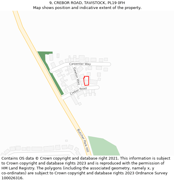 9, CREBOR ROAD, TAVISTOCK, PL19 0FH: Location map and indicative extent of plot