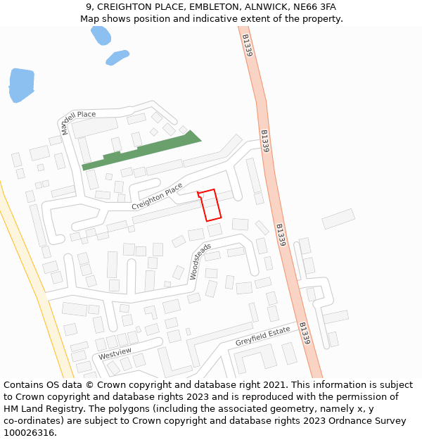9, CREIGHTON PLACE, EMBLETON, ALNWICK, NE66 3FA: Location map and indicative extent of plot
