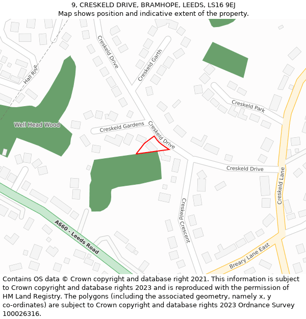9, CRESKELD DRIVE, BRAMHOPE, LEEDS, LS16 9EJ: Location map and indicative extent of plot