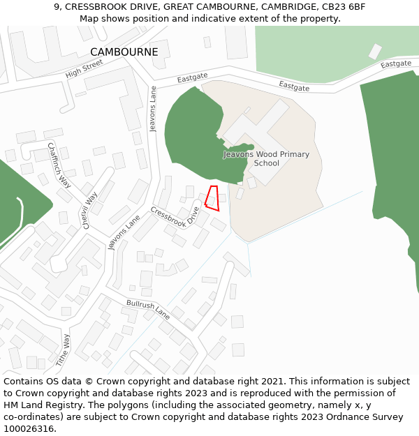 9, CRESSBROOK DRIVE, GREAT CAMBOURNE, CAMBRIDGE, CB23 6BF: Location map and indicative extent of plot