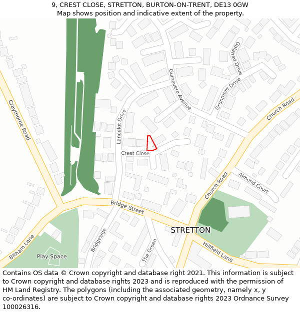 9, CREST CLOSE, STRETTON, BURTON-ON-TRENT, DE13 0GW: Location map and indicative extent of plot