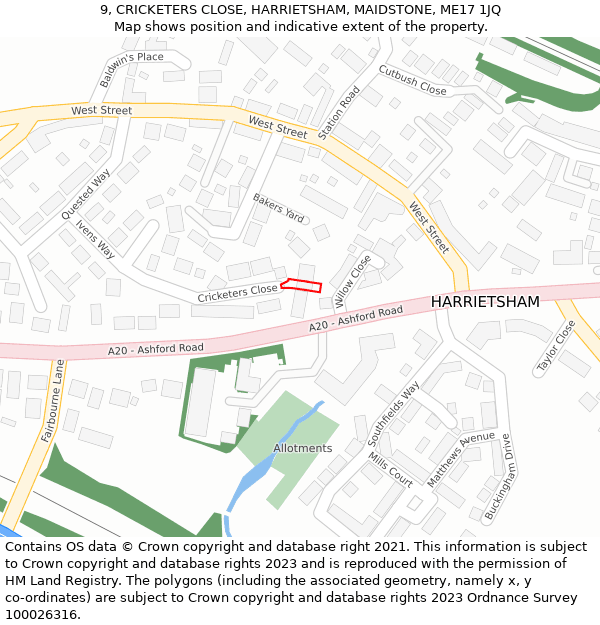 9, CRICKETERS CLOSE, HARRIETSHAM, MAIDSTONE, ME17 1JQ: Location map and indicative extent of plot