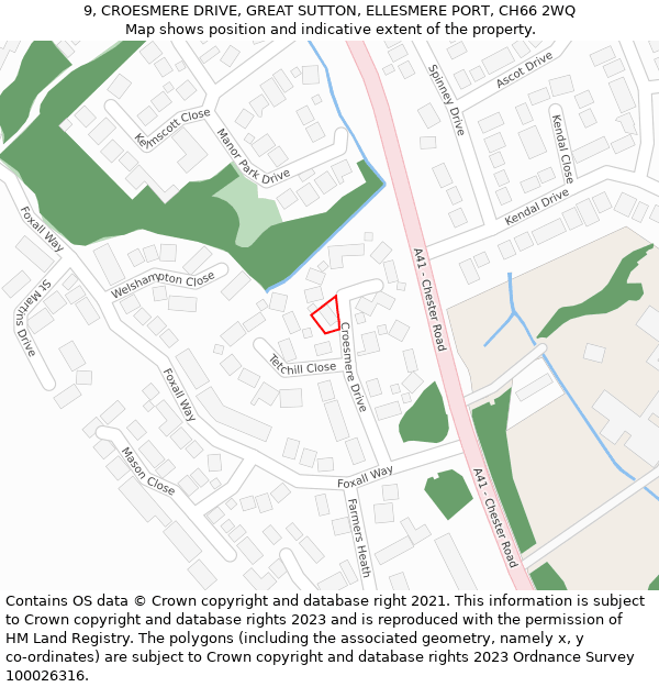 9, CROESMERE DRIVE, GREAT SUTTON, ELLESMERE PORT, CH66 2WQ: Location map and indicative extent of plot