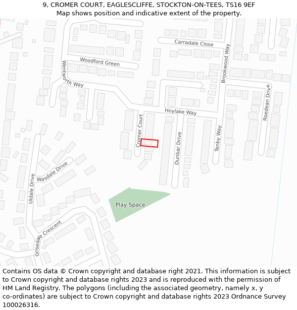 9, CROMER COURT, EAGLESCLIFFE, STOCKTON-ON-TEES, TS16 9EF: Location map and indicative extent of plot