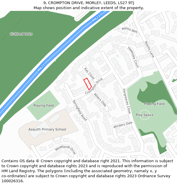 9, CROMPTON DRIVE, MORLEY, LEEDS, LS27 9TJ: Location map and indicative extent of plot