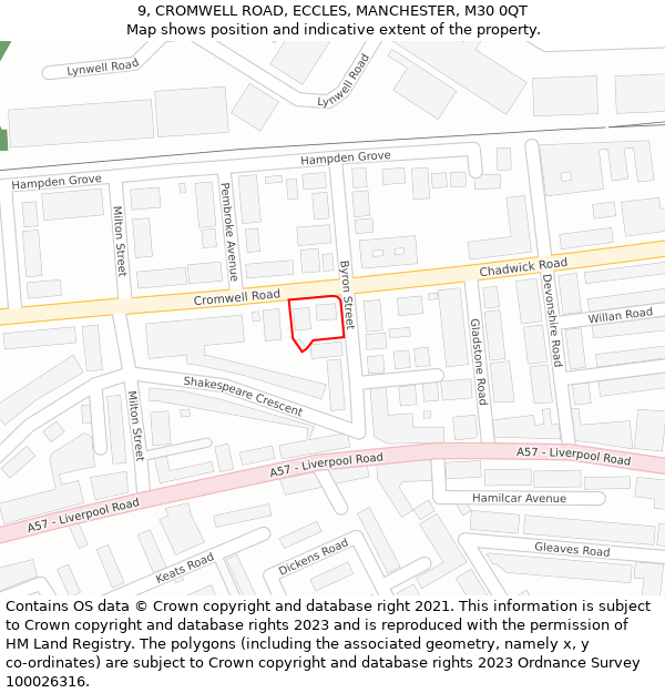 9, CROMWELL ROAD, ECCLES, MANCHESTER, M30 0QT: Location map and indicative extent of plot