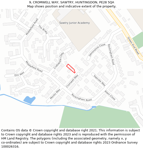 9, CROMWELL WAY, SAWTRY, HUNTINGDON, PE28 5QA: Location map and indicative extent of plot