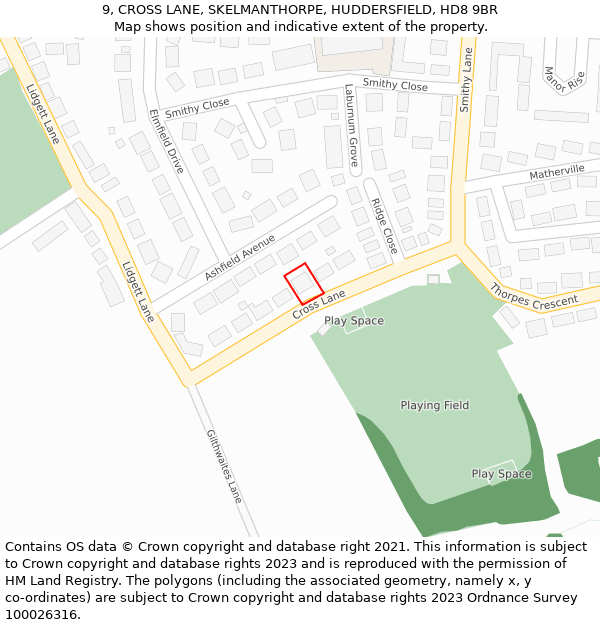 9, CROSS LANE, SKELMANTHORPE, HUDDERSFIELD, HD8 9BR: Location map and indicative extent of plot