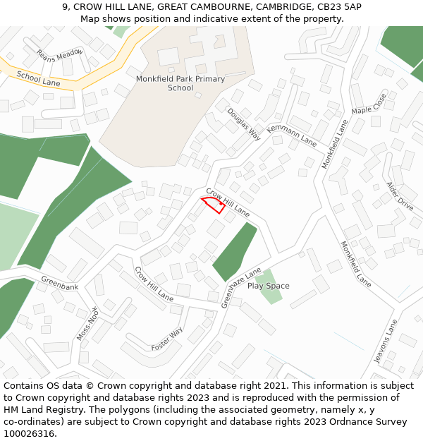 9, CROW HILL LANE, GREAT CAMBOURNE, CAMBRIDGE, CB23 5AP: Location map and indicative extent of plot