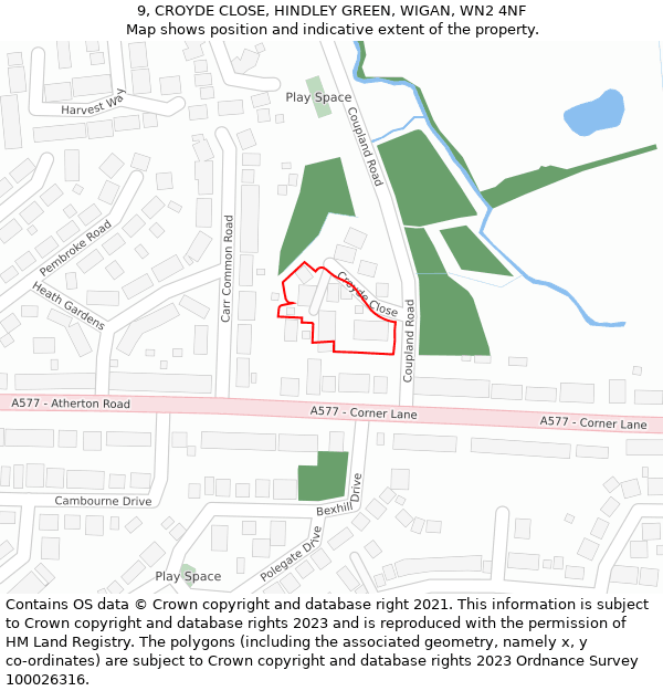 9, CROYDE CLOSE, HINDLEY GREEN, WIGAN, WN2 4NF: Location map and indicative extent of plot