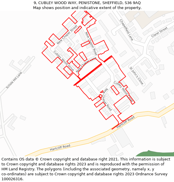 9, CUBLEY WOOD WAY, PENISTONE, SHEFFIELD, S36 9AQ: Location map and indicative extent of plot