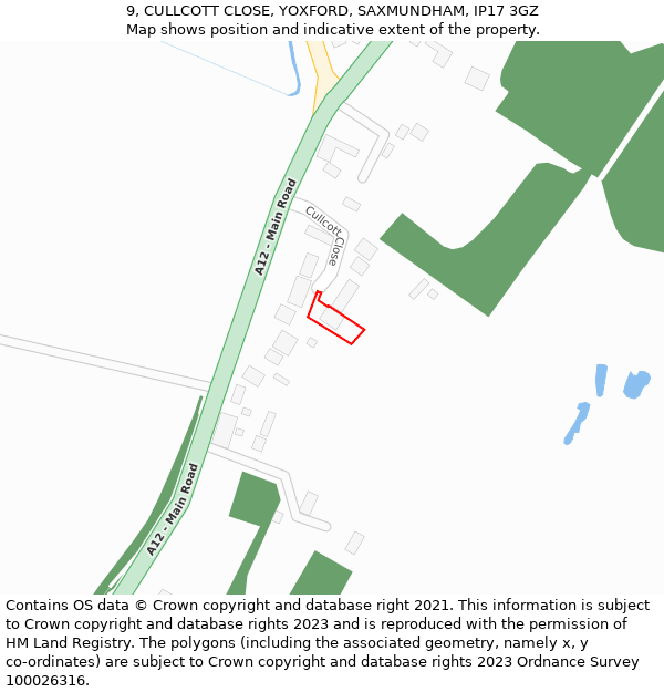 9, CULLCOTT CLOSE, YOXFORD, SAXMUNDHAM, IP17 3GZ: Location map and indicative extent of plot