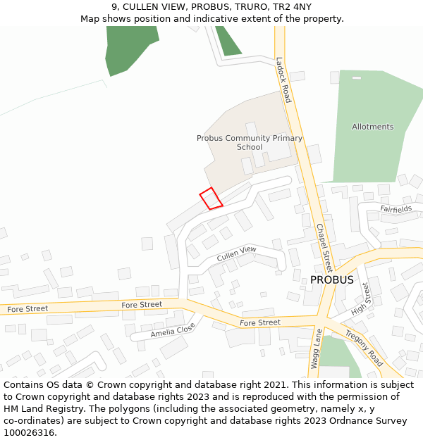 9, CULLEN VIEW, PROBUS, TRURO, TR2 4NY: Location map and indicative extent of plot