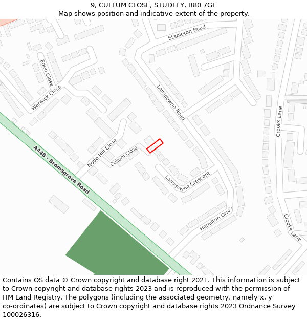 9, CULLUM CLOSE, STUDLEY, B80 7GE: Location map and indicative extent of plot
