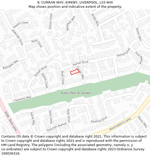 9, CURRAN WAY, KIRKBY, LIVERPOOL, L33 4HX: Location map and indicative extent of plot