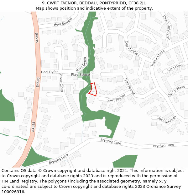 9, CWRT FAENOR, BEDDAU, PONTYPRIDD, CF38 2JL: Location map and indicative extent of plot