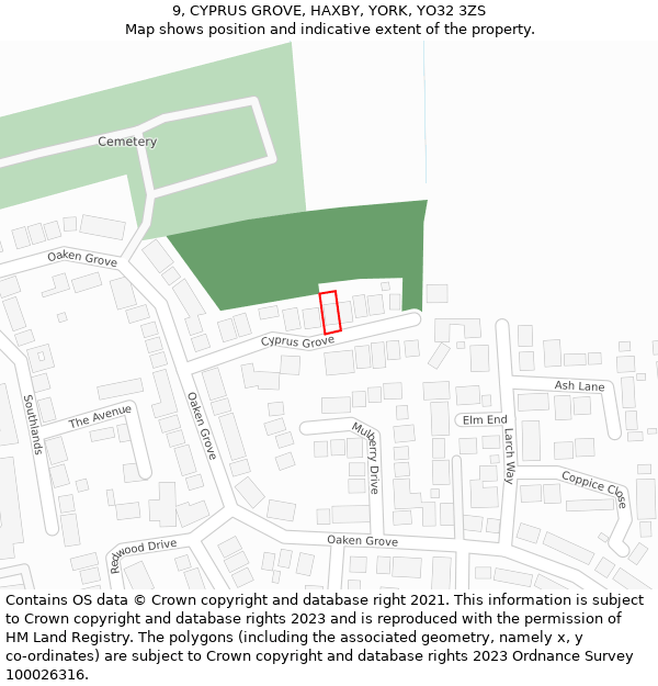 9, CYPRUS GROVE, HAXBY, YORK, YO32 3ZS: Location map and indicative extent of plot