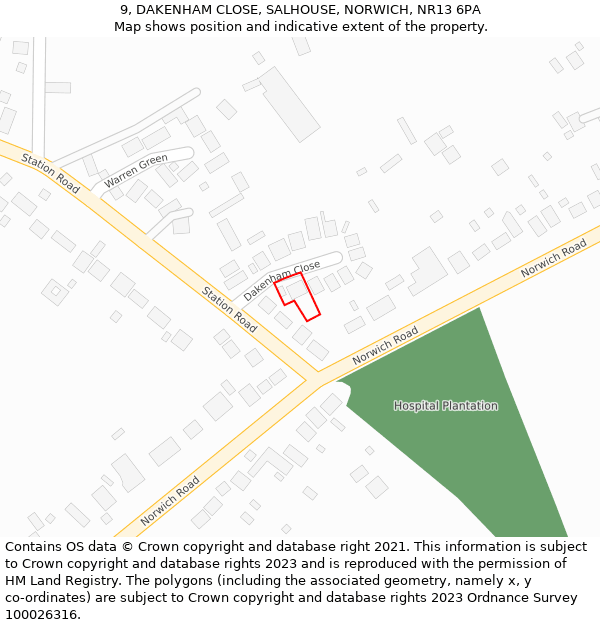 9, DAKENHAM CLOSE, SALHOUSE, NORWICH, NR13 6PA: Location map and indicative extent of plot