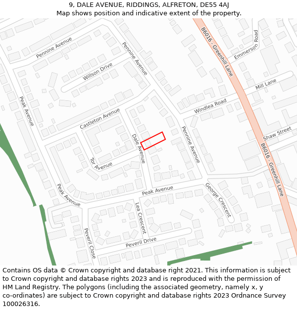 9, DALE AVENUE, RIDDINGS, ALFRETON, DE55 4AJ: Location map and indicative extent of plot