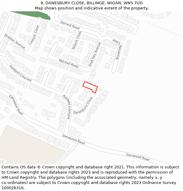 9, DANESBURY CLOSE, BILLINGE, WIGAN, WN5 7UD: Location map and indicative extent of plot