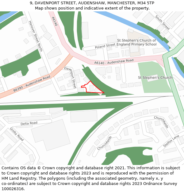 9, DAVENPORT STREET, AUDENSHAW, MANCHESTER, M34 5TP: Location map and indicative extent of plot