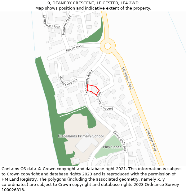 9, DEANERY CRESCENT, LEICESTER, LE4 2WD: Location map and indicative extent of plot