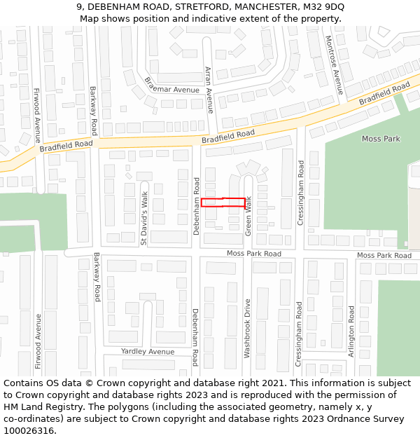 9, DEBENHAM ROAD, STRETFORD, MANCHESTER, M32 9DQ: Location map and indicative extent of plot