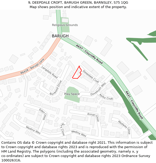 9, DEEPDALE CROFT, BARUGH GREEN, BARNSLEY, S75 1QG: Location map and indicative extent of plot